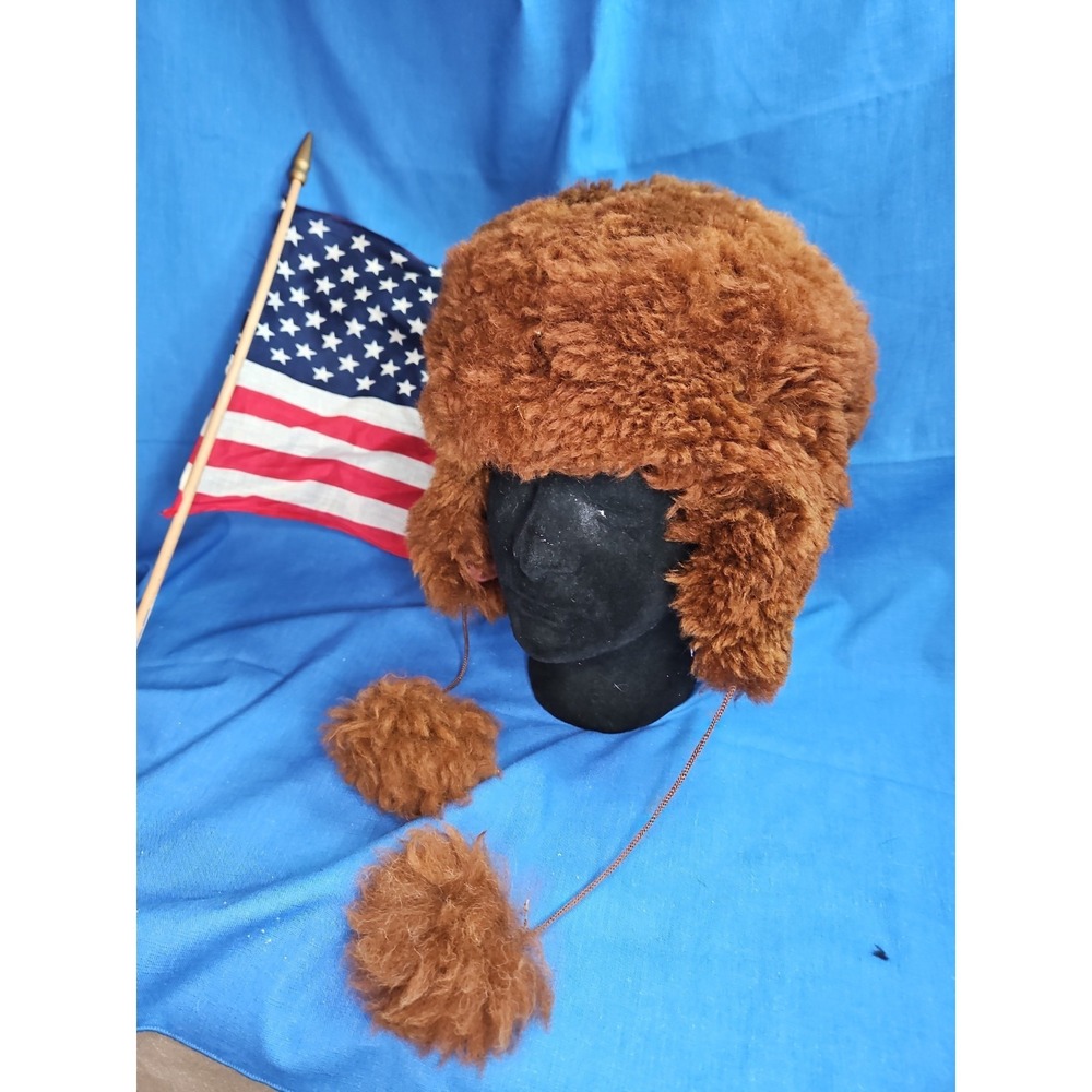 Vintage Fur Trapper Hat Alpaca Soft Fluffy w/Pom-Poms Aviator Flaps